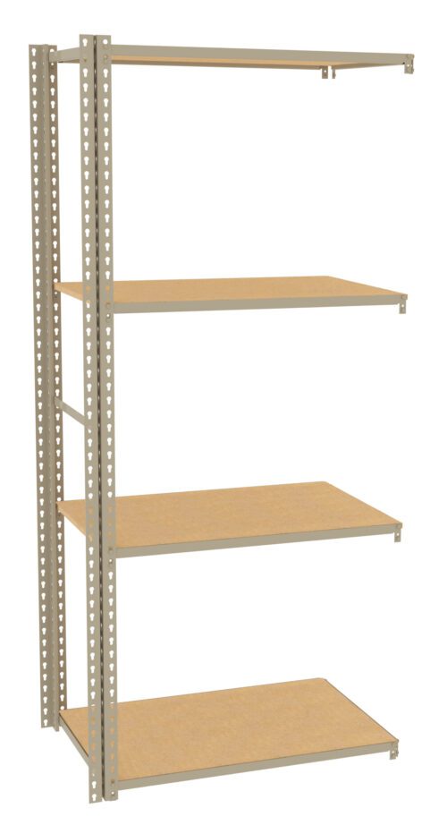 A tall, metal shelving unit with four wooden shelves, evenly spaced. The frame is beige with perforated uprights for adjustable spacing. The shelves are empty, and the background is white.