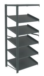 Metal shelving unit with a vertical frame on the left and six horizontal shelves extending to the right. The shelves are adjustable, supported by perforated bars for flexibility, and are empty, highlighting their spaciousness.