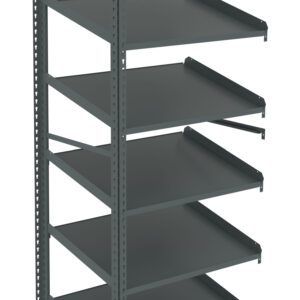 Metal shelving unit with a vertical frame on the left and six horizontal shelves extending to the right. The shelves are adjustable, supported by perforated bars for flexibility, and are empty, highlighting their spaciousness.