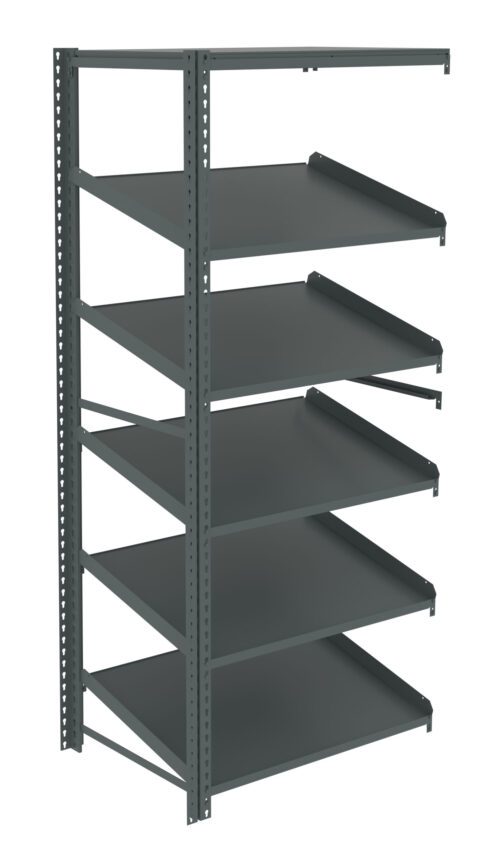 g3yto2hqgtgyymectetv.jpg Metal shelving unit with a vertical frame on the left and six horizontal shelves extending to the right. The shelves are adjustable, supported by perforated bars for flexibility, and are empty, highlighting their spaciousness.
