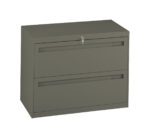 A gray, two-drawer lateral filing cabinet with a lock and key on the top drawer. The cabinet has a clean, modern design with handles integrated into each drawer.