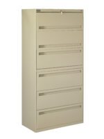 A beige, five-drawer metal filing cabinet with a lock on the top drawer. The cabinet is standing on a flat surface against a white background. Each drawer has a horizontal handle for easy opening.