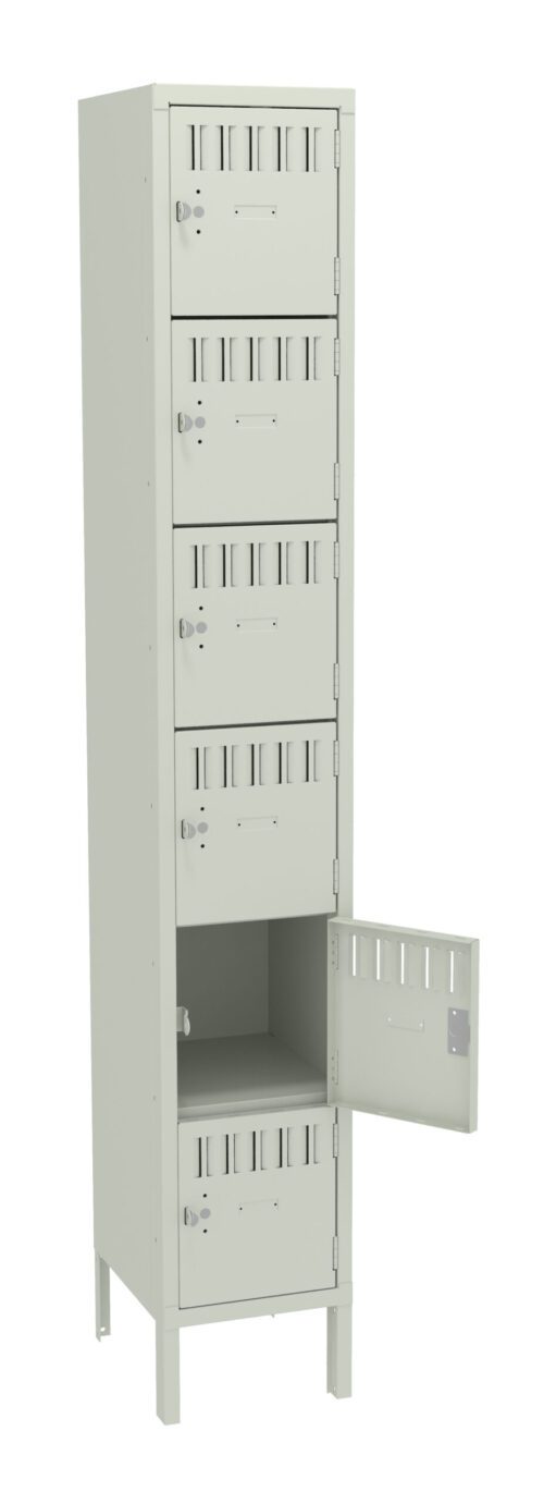 g4pj2xhmm3jpjqidoxkw.jpg A tall, light gray metal locker with six compartments is shown. Each compartment has a vented door with a keyhole. The bottom door is open, revealing an empty storage space. The locker stands on four short legs.