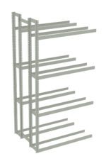 A metal shelving unit with multiple adjustable horizontal beams, designed for storage. The frame is made of steel and features perforated vertical support bars for flexibility in arranging the shelves.