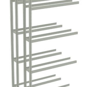 A metal shelving unit with multiple adjustable horizontal beams, designed for storage. The frame is made of steel and features perforated vertical support bars for flexibility in arranging the shelves.