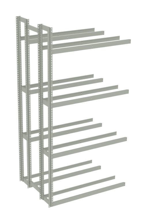 A metal shelving unit with multiple adjustable horizontal beams, designed for storage. The frame is made of steel and features perforated vertical support bars for flexibility in arranging the shelves.