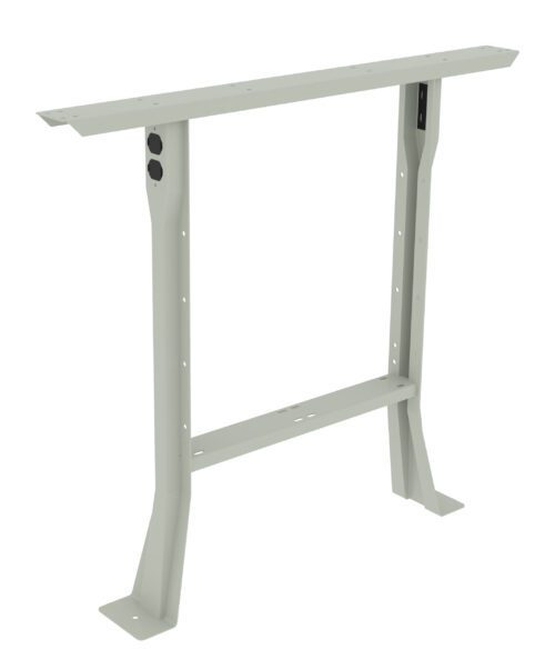 Metal table frame with a minimalist design, featuring two parallel legs connected by a horizontal support bar. The frame is painted light gray and has pre-drilled holes for assembly. Suitable for supporting table tops in various settings.