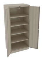 A beige metal storage cabinet with five adjustable shelves. The cabinet has both doors open, revealing the empty shelves inside. The design is simple and industrial, suitable for organizing tools or supplies.