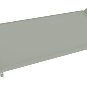 Gray metal tray with raised edges on three sides. It has small brackets on each corner, likely for mounting or support. The surface is flat and even, giving it a minimalist appearance.