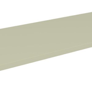 A beige rectangular metal shelf, viewed at a slight angle, with a flat surface and small notches on the edges for mounting or support.