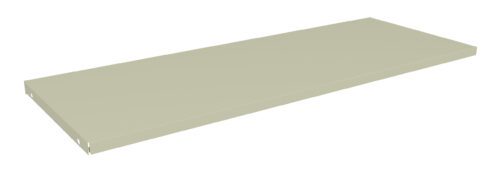 g5hbgt7uq37aps8uv89p.jpg A beige rectangular metal shelf, viewed at a slight angle, with a flat surface and small notches on the edges for mounting or support.
