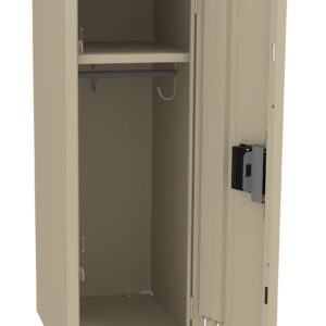 A beige metal locker stands open, revealing an empty interior with a single shelf and a small hook. The door has vents and a built-in lock mechanism.