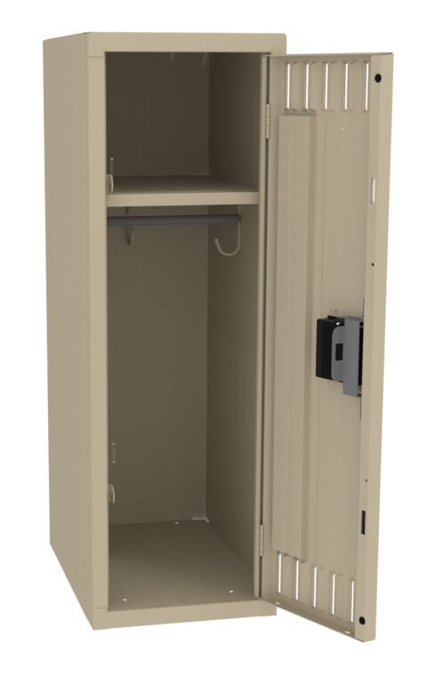 g61rgs2h4psy0zb8x7ni.jpg A beige metal locker stands open, revealing an empty interior with a single shelf and a small hook. The door has vents and a built-in lock mechanism.