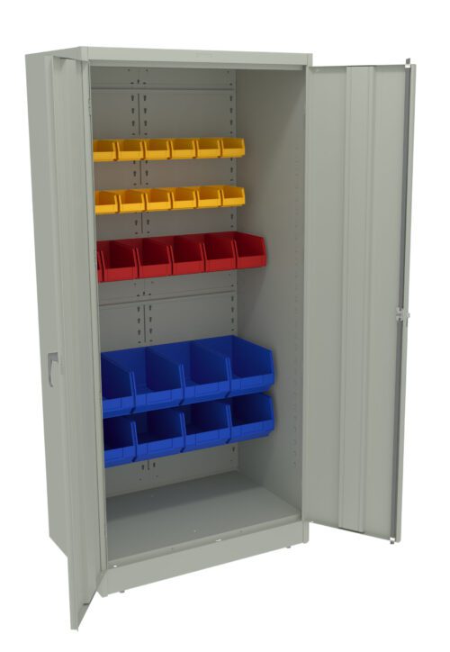 A gray metal storage cabinet with open doors revealing three shelves. The top shelf has yellow bins, the middle shelf has red bins, and the bottom shelf has blue bins. The cabinet is empty except for the bins.