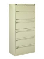 A beige, five-drawer filing cabinet stands upright. The cabinet has a lock on the top drawer and recessed handles on each drawer, designed for office or home storage.