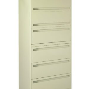 A beige, five-drawer filing cabinet stands upright. The cabinet has a lock on the top drawer and recessed handles on each drawer, designed for office or home storage.
