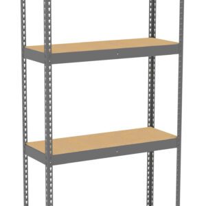 A freestanding metal shelving unit with four wooden shelves. The frame is gray, and the shelves are evenly spaced and unoccupied. The shelving unit is set against a plain white background.