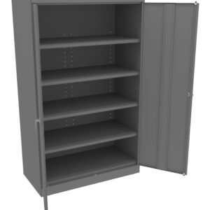 A large, gray metal storage cabinet with one door open, revealing four spacious shelves inside. The cabinet has a simple, utilitarian design and is empty.
