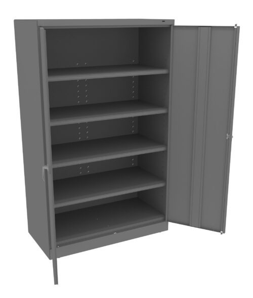 g85b95t3i31v61wmp8v8.jpg A large, gray metal storage cabinet with one door open, revealing four spacious shelves inside. The cabinet has a simple, utilitarian design and is empty.
