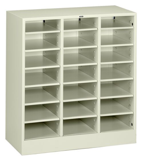 A light gray metal storage unit with multiple open shelves arranged in three vertical columns, each containing four adjustable shelves. The unit is empty and designed for organizing documents or small items.