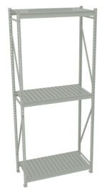 A tall, light gray metal shelving unit with three evenly spaced shelves. The sides are open with a framework of vertical and diagonal supports for stability. The shelves are composed of slatted metal for added strength and ventilation.