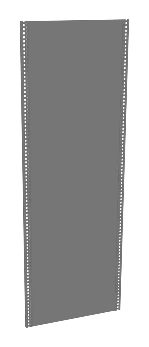 Gray metal blanking panel with a rectangular shape, vertical perforated edges, and a smooth central surface. Designed for electronic rack enclosures to cover empty slots and improve airflow and organization.