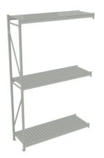 Metal shelving unit with three slatted shelves and a vertical support frame on the left side. The unit is gray and appears to be suited for industrial or garage storage. The shelf height is adjustable with perforations along the frame.