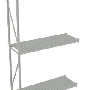 Metal shelving unit with three slatted shelves and a vertical support frame on the left side. The unit is gray and appears to be suited for industrial or garage storage. The shelf height is adjustable with perforations along the frame.
