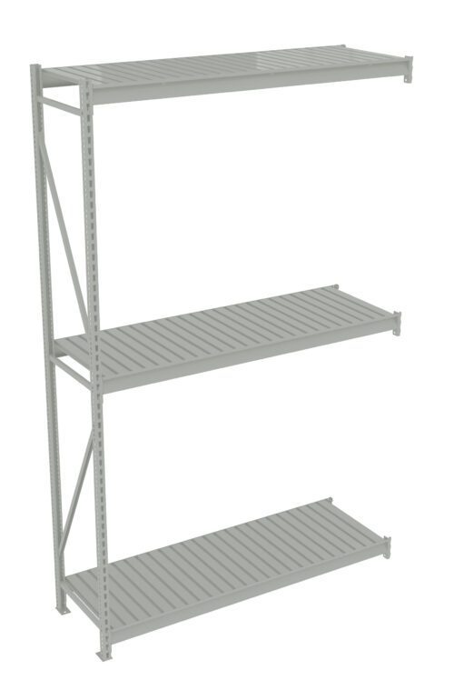 ga5n2w1jnj95oxv6kfj3.jpg Metal shelving unit with three slatted shelves and a vertical support frame on the left side. The unit is gray and appears to be suited for industrial or garage storage. The shelf height is adjustable with perforations along the frame.