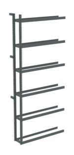 A metal shelving unit with six evenly spaced horizontal shelves and sturdy vertical supports. The shelves are designed for wall mounting or industrial storage applications. The unit is unassembled in the image, showing its skeletal framework.