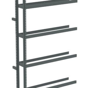 A metal shelving unit with six evenly spaced horizontal shelves and sturdy vertical supports. The shelves are designed for wall mounting or industrial storage applications. The unit is unassembled in the image, showing its skeletal framework.