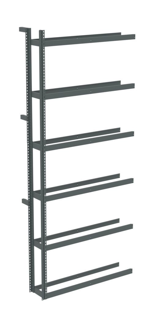 A metal shelving unit with six evenly spaced horizontal shelves and sturdy vertical supports. The shelves are designed for wall mounting or industrial storage applications. The unit is unassembled in the image, showing its skeletal framework.