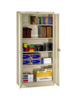 A beige metal storage cabinet with open doors displaying office supplies. Inside, there are organized shelves with files, binders, rolls of tape, paper boxes, and other stationery items.