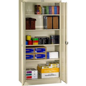 A beige metal storage cabinet with open doors displaying office supplies. Inside, there are organized shelves with files, binders, rolls of tape, paper boxes, and other stationery items.