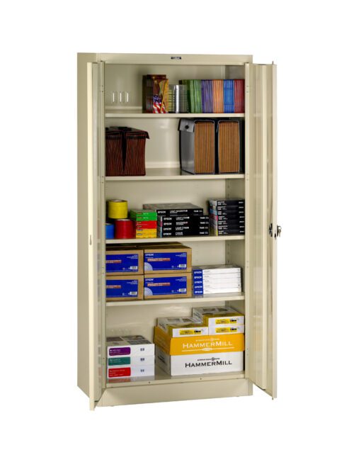 A beige metal storage cabinet with open doors displaying office supplies. Inside, there are organized shelves with files, binders, rolls of tape, paper boxes, and other stationery items.