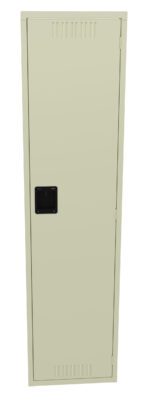 A tall, beige metal locker with a black rectangular handle in the center and ventilation slits at the top and bottom. The locker door is closed and stands against a plain background.
