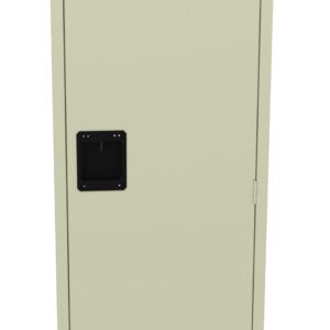 A tall, beige metal locker with a black rectangular handle in the center and ventilation slits at the top and bottom. The locker door is closed and stands against a plain background.