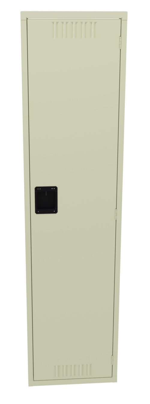 A tall, beige metal locker with a black rectangular handle in the center and ventilation slits at the top and bottom. The locker door is closed and stands against a plain background.