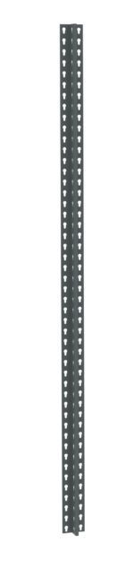 A long, dark green metal T-post with a flat top and perforated holes running vertically. The T-post is used for fencing, featuring a ribbed finish for added strength and stability.
