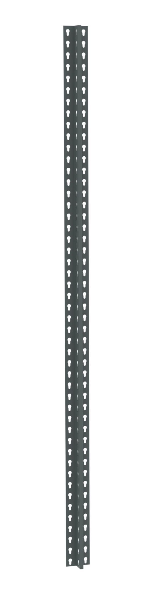 A long, dark green metal T-post with a flat top and perforated holes running vertically. The T-post is used for fencing, featuring a ribbed finish for added strength and stability.
