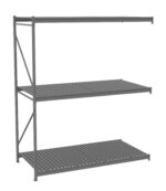 Metal shelving unit with three slatted shelves, designed for industrial storage. It features vertical supports and horizontal crossbars for stability. The shelves are evenly spaced and the structure is shown on a white background.