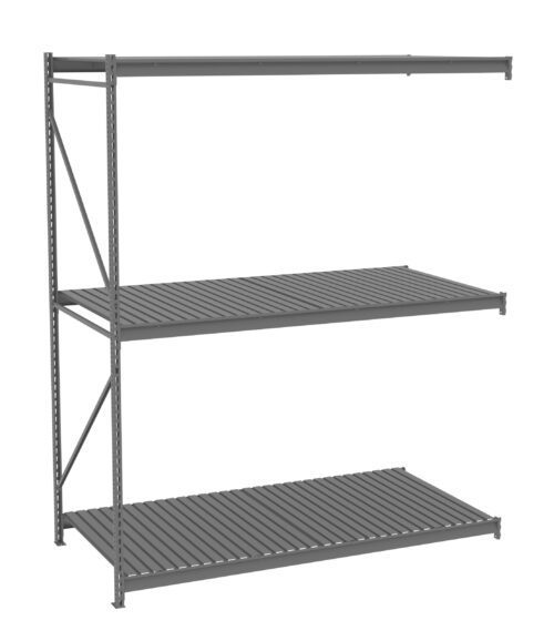 Metal shelving unit with three slatted shelves, designed for industrial storage. It features vertical supports and horizontal crossbars for stability. The shelves are evenly spaced and the structure is shown on a white background.