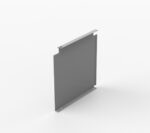 A flat, rectangular metal bracket with mounting holes at each corner is shown standing upright. The bracket has a slightly raised edge on two sides and a notch on one side, against a plain white background.