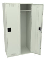 A metal storage cabinet with two doors, one open revealing an empty compartment with a hanging rod. The cabinet is light gray, with vent slots on the doors and black rectangular handles.