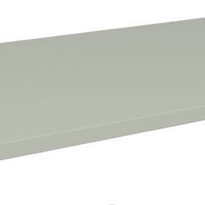A flat, rectangular, light gray metal shelf viewed from an angle against a plain white background.