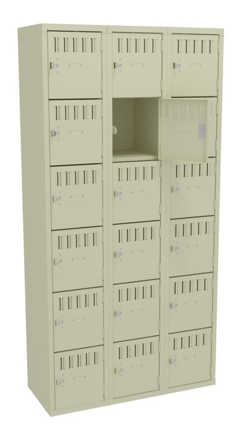 gd9txg4uwyyu2vawhrpg.jpg A beige metal locker unit with three columns. Each column has five small compartments with locking mechanisms. One door in the middle column is open, revealing an empty storage space.