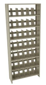 A beige metal bookshelf with six shelves, each containing multiple dividers. The dividers are labeled with the word Reserved, evenly spaced across the shelves. The unit stands on a plain white background.