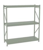 A green, three-tiered metal shelving unit with slatted shelves stands empty. The unit is supported by vertical metal posts with diagonal braces for stability.