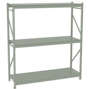 A green, three-tiered metal shelving unit with slatted shelves stands empty. The unit is supported by vertical metal posts with diagonal braces for stability.