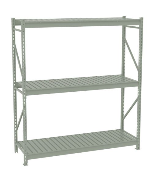 A green, three-tiered metal shelving unit with slatted shelves stands empty. The unit is supported by vertical metal posts with diagonal braces for stability.